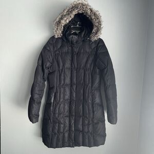 Eddie Bauer Down Puffer Coat Women's M Black Faux Fur Removable Hood Zip Pockets